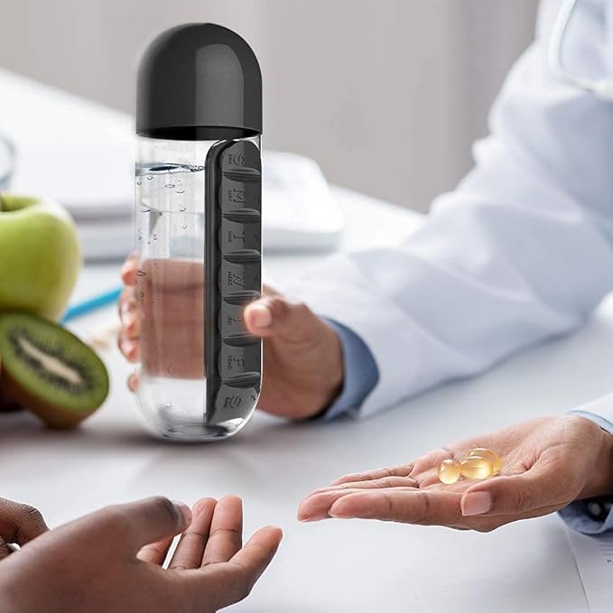 زجاجة ماء مع منظم حبوب وفيتامينات | Pill & Vitamin Organizer Water Bottle