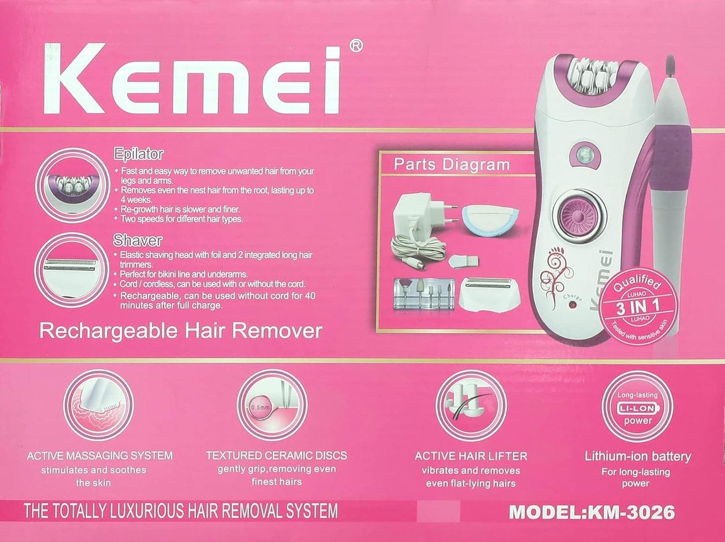 ماكينة إزالة الشعر Kemei 3×1 للسيدات – KM-3026 | Kemei 3-in-1 Ladies Hair Removal System – KM-3026