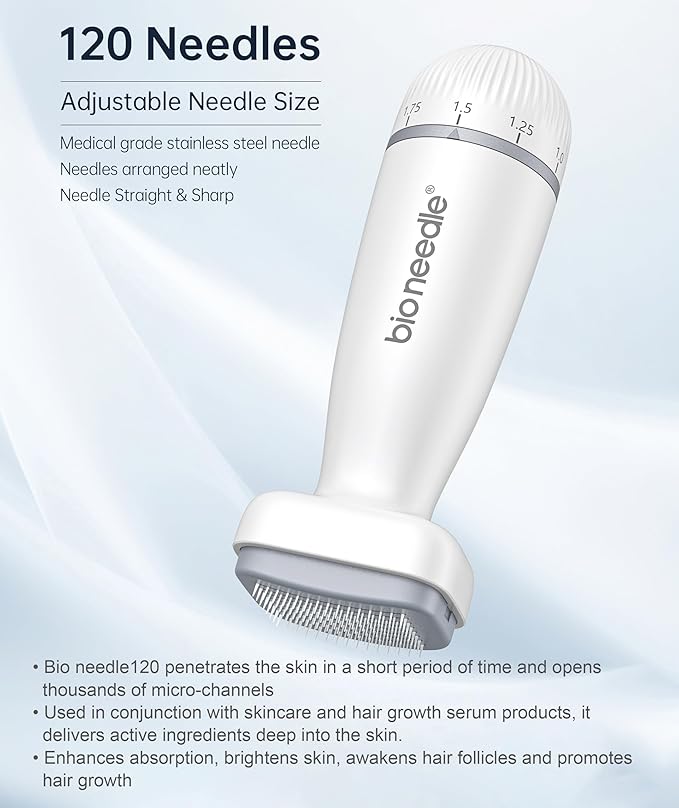 جهاز ديرما ستامب Bioneedle بإبر دقيقة قابلة للتعديل للعناية بالبشرة وتحفيز نمو الشعر – Bioneedle Adjustable Microneedling Derma Stamp for Skin Care & Hair Growth (120 Needles)