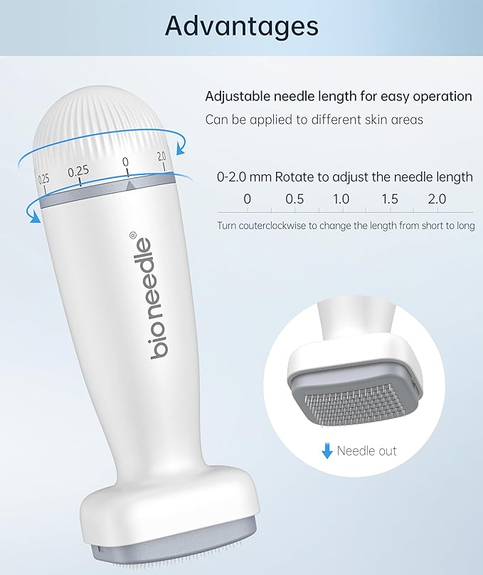 جهاز ديرما ستامب Bioneedle بإبر دقيقة قابلة للتعديل للعناية بالبشرة وتحفيز نمو الشعر – Bioneedle Adjustable Microneedling Derma Stamp for Skin Care & Hair Growth (120 Needles)