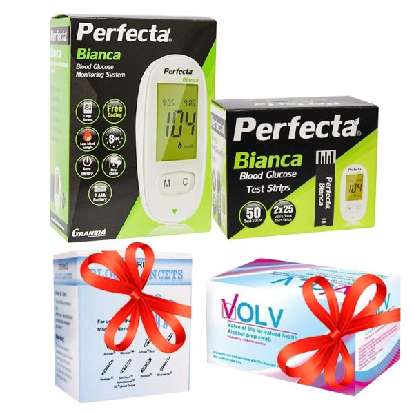 جهاز سكر ( PERFECTA BIANCA ) + شرائط سكر ( PERFECTA BIANCA ) + ( شكاكات + مسحة كحولية ) هدية