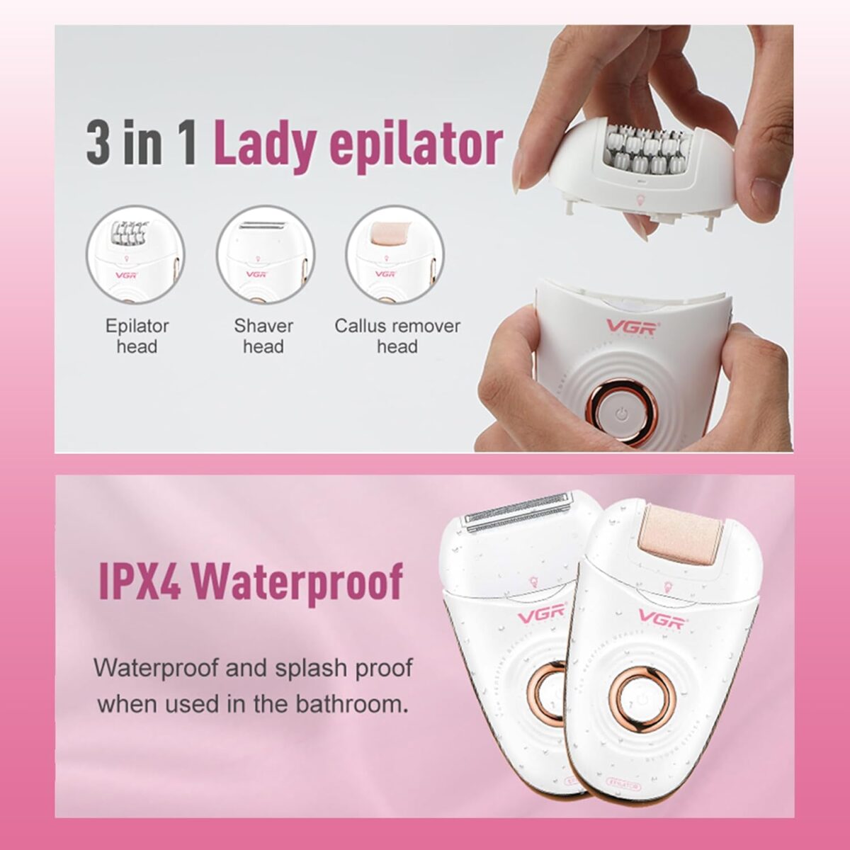 ماكينة حلاقة VGR V-739 النسائية 3 في 1: إزالة شعر متكاملة، مقاومة للماء IPX4، وإضاءة LED ذكية | VGR V-739 3-in-1 Professional Lady Epilator & Shaver - Image 4