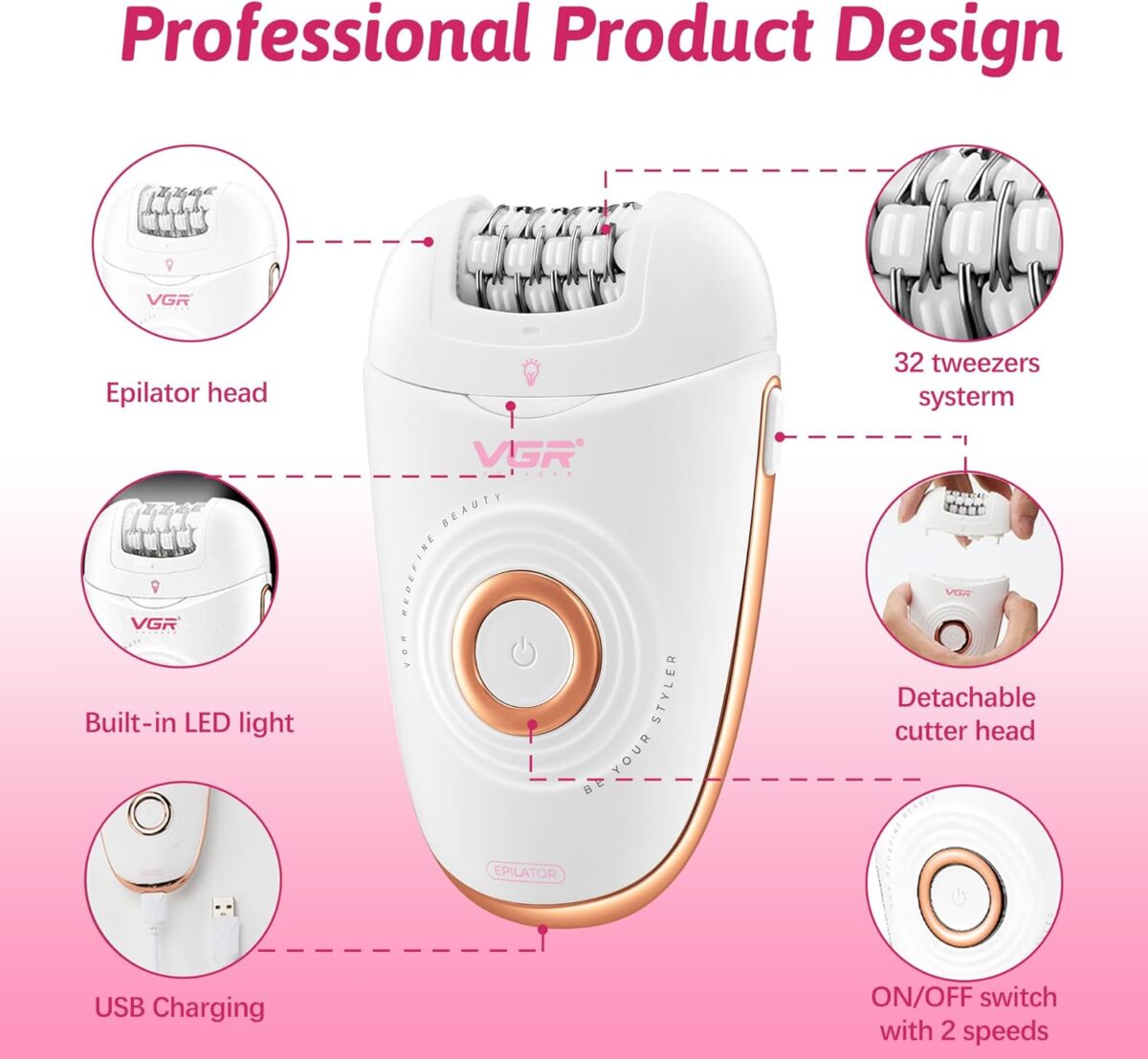 ماكينة حلاقة VGR V-739 النسائية 3 في 1: إزالة شعر متكاملة، مقاومة للماء IPX4، وإضاءة LED ذكية | VGR V-739 3-in-1 Professional Lady Epilator & Shaver - Image 2