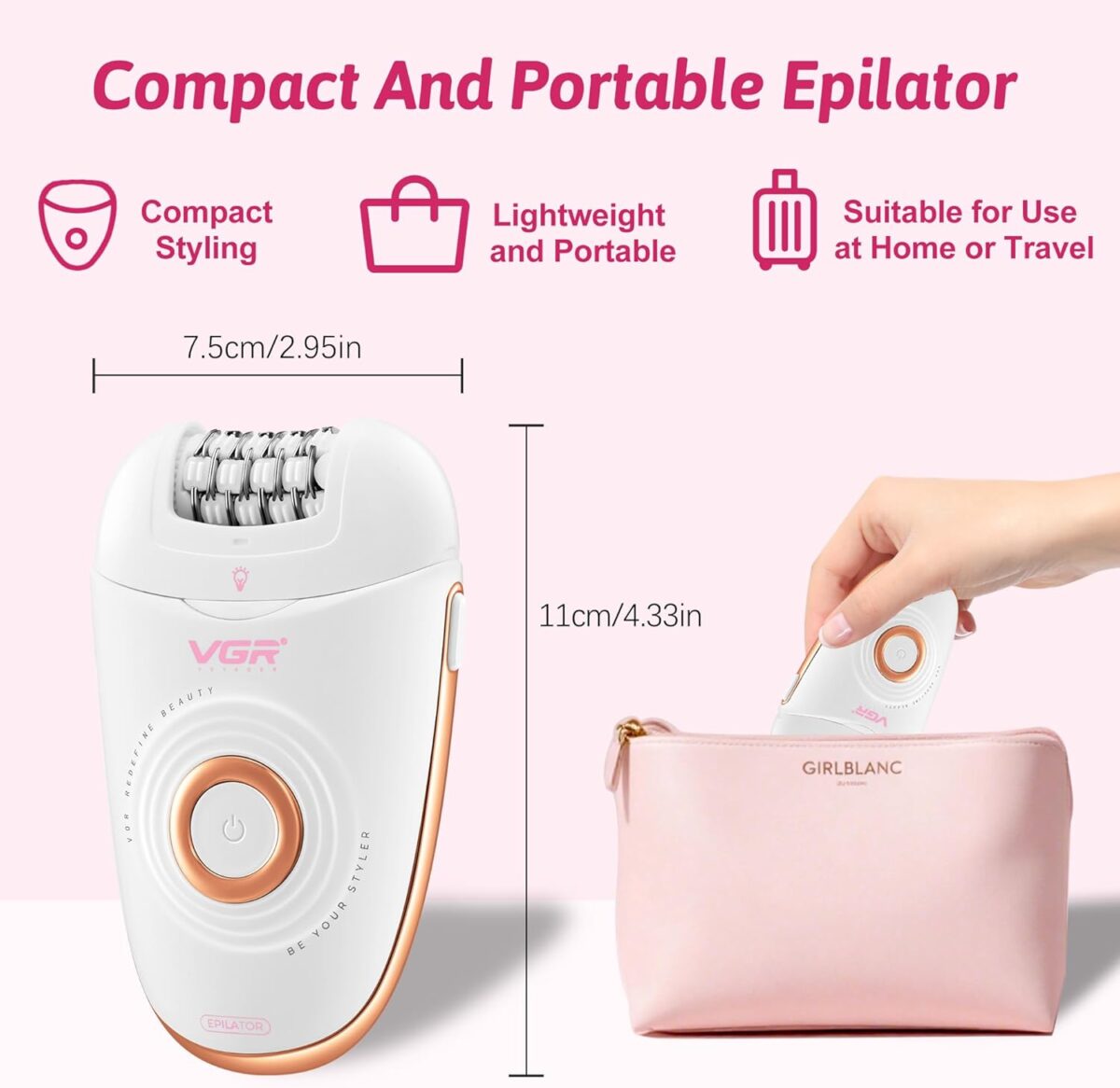 ماكينة حلاقة VGR V-739 النسائية 3 في 1: إزالة شعر متكاملة، مقاومة للماء IPX4، وإضاءة LED ذكية | VGR V-739 3-in-1 Professional Lady Epilator & Shaver - Image 6