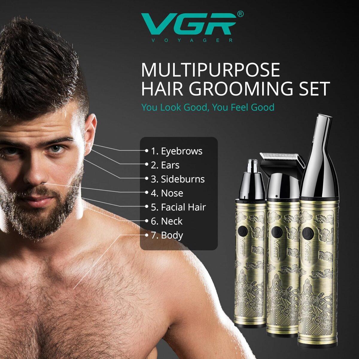 ماكينة حلاقة VGR V-620 الاحترافية (3 في 1): طقم متكامل لتشذيب الأنف، الأذن، وتحديد اللحية بتصميم كلاسيكي | VGR V-620 Professional 3-in-1 Nose & Hair Trimmer - Image 7