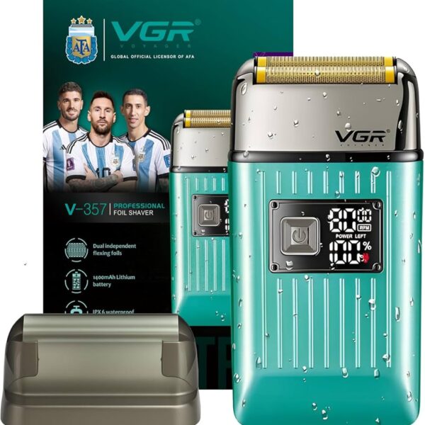 ماكينة حلاقة رجالية احترافية VGR V-357 بشاشتين فويل مرنتين، بطارية 1400mAh، مقاومة للماء IPX6 مع شاشة LED