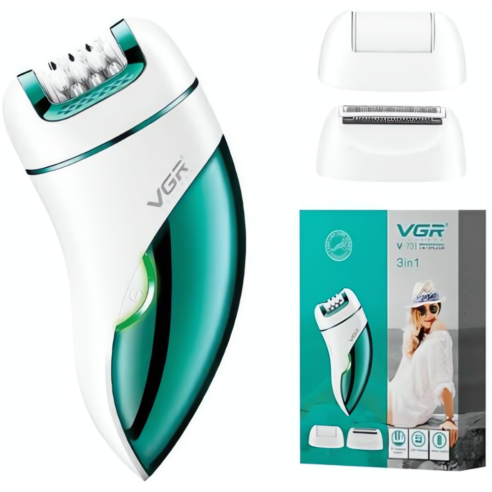 nnnn-21-1 ماكينة إزالة الشعر VGR V-731 الاحترافية 3 في 1 للسيدات: تصميم انسيابي مريح، رؤوس متعددة للحلاقة والتنعيم، وإضاءة LED مدمجة لبشرة ناعمة كالحرير | VGR V-731 3-in-1 Professional Lady Epilator Set - Image 1