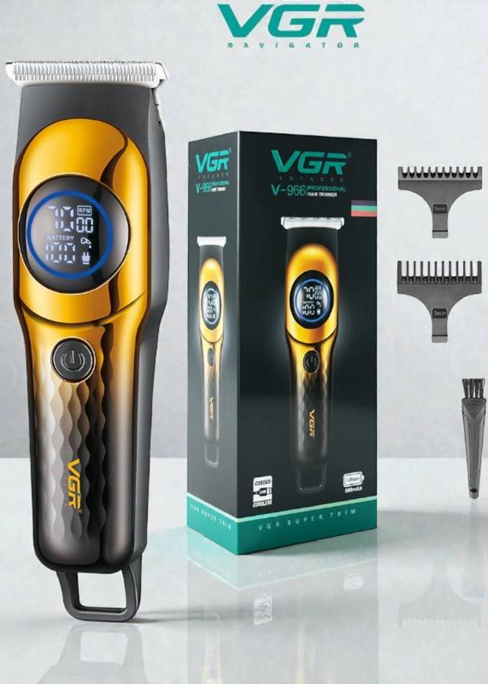 vgr-v-966-professional-hair-trimmer-22 ماكينة تشذيب VGR V-966 الاحترافية بشاشة LCD وتصميم ذهبي ملكي | VGR V-966 Professional Hair Trimmer with LCD Display - Image 1